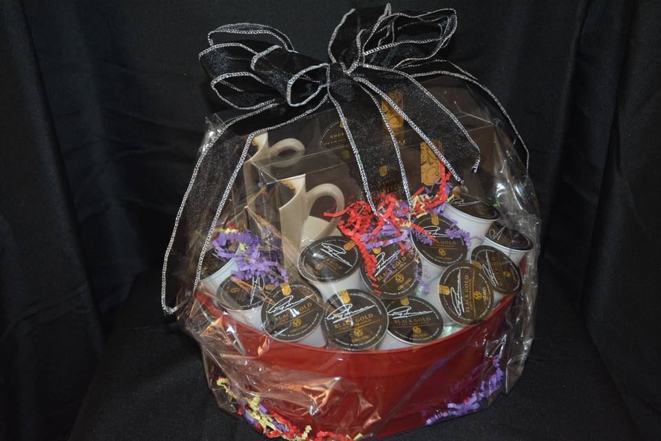 Gift basket with Brew Cups - Toasted Hazelnut, Chocolate Almond and Black Coffee.  This is for those with a Keurig machine