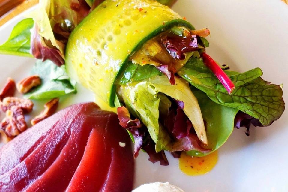 Red wine poached pear salad