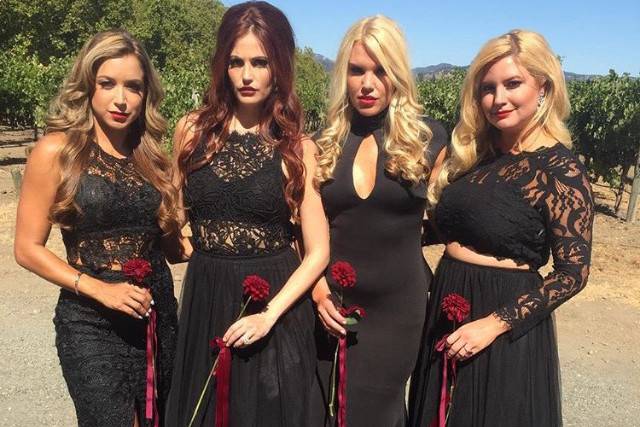 Bridesmaids in black lace dresses