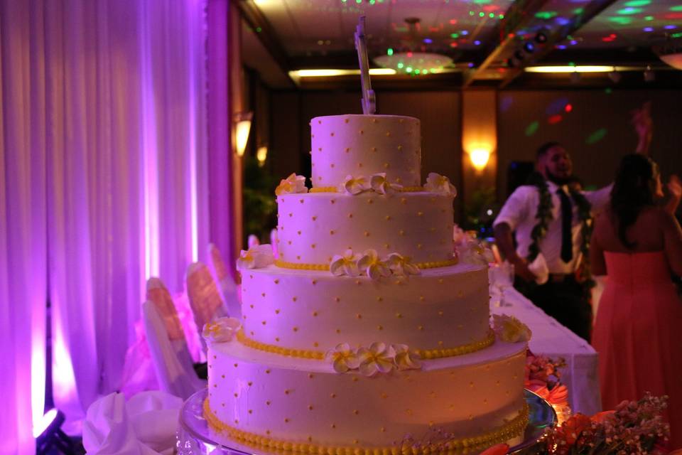 How my uplighting perfectly accents the cake and head table in the wedding colors.