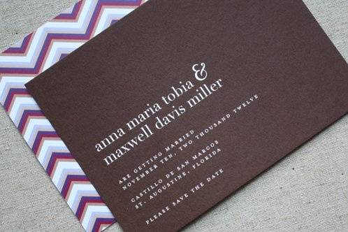 Stylish Save The Date with a rich chocolate brown and contemporary chevron pattern.