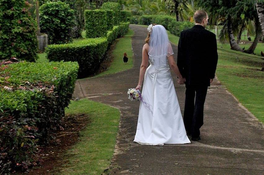 Couple leisurely walk hand in hand​