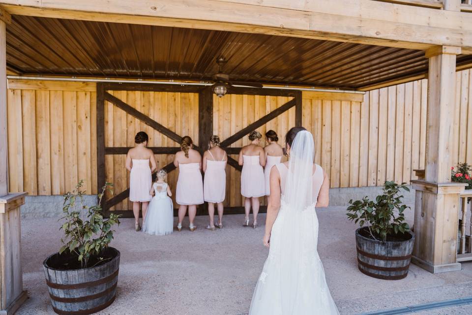 Bride with bridesmaids and flower girl