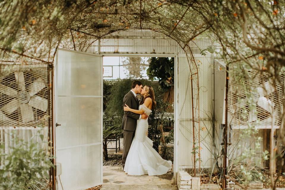 Newlyweds in a greenhouse