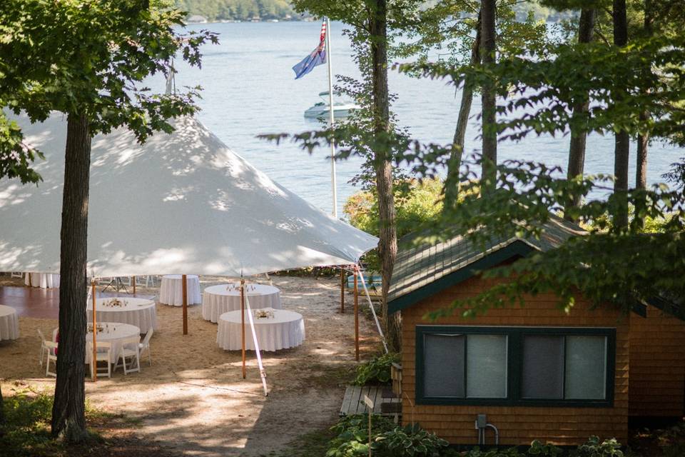 Sailcloth tent along lake