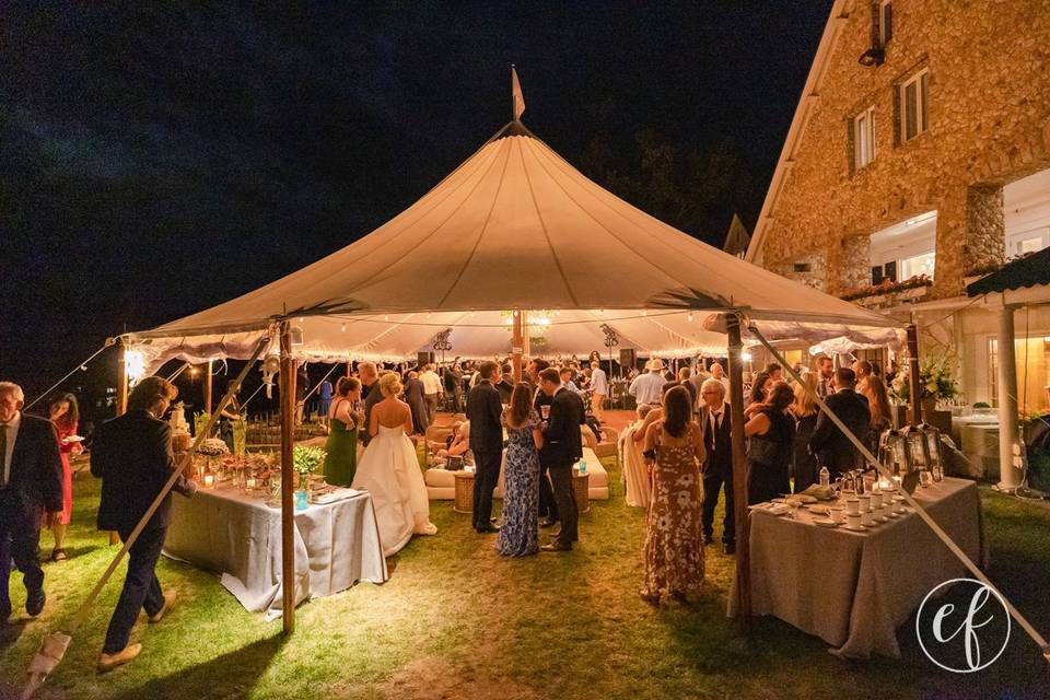 Round sailcloth tent at night