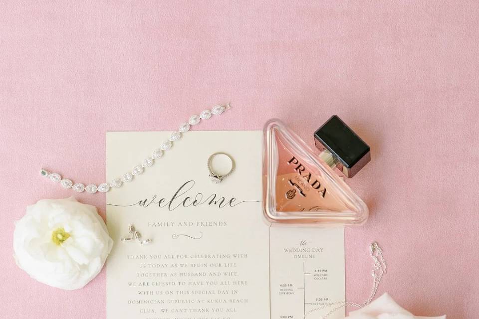 Flat lay of wedding stationery