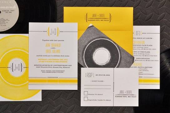{custom} Vinyl Record :: 2 color. printed vinyl record with typeset text.
This set includes:
Invitation
Info card
RSVP Postcard
Address printed envelope