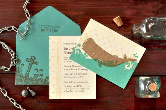 {custom} Whale :: 3 color. handset type and hand carved whale and anchor imagery.
This set includes:
Double sided invitation card
Address & anchor imagery printed envelope