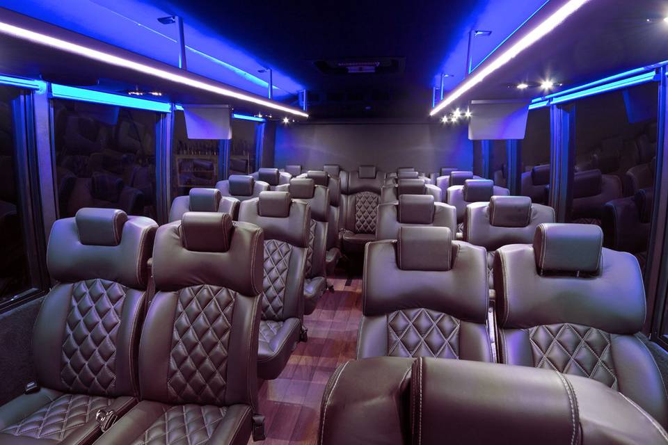 Transport your guests in our 19-22 passenger Executive Coach. Configured with plush upholstered reclining seating, wood flooring, entertainment package, 4G WiFi, USB and AC power outlets, overhead storage and beautiful views through large Front Vista window!