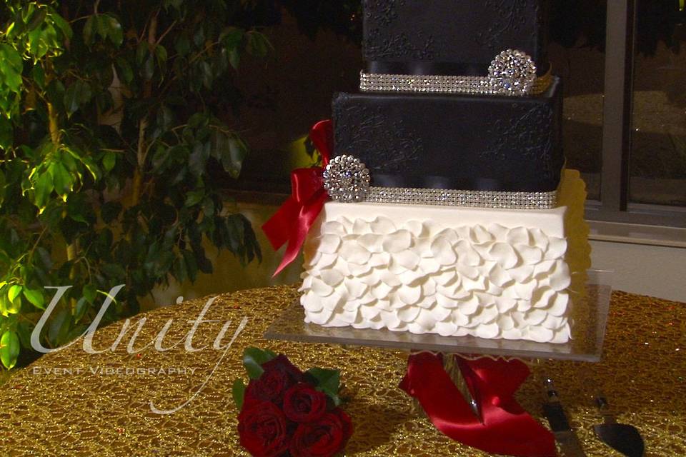 Wedding cake - black, white, and silver.