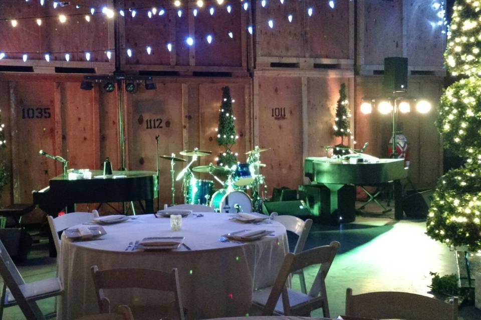 Dueling hobbits setup in a warehouse for a portland corporate holiday party