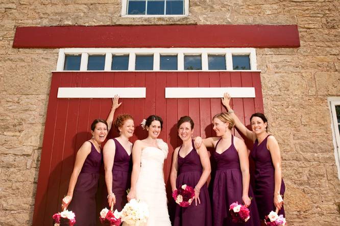 Bride and bridesmaids, burgandy bridesmaid dress