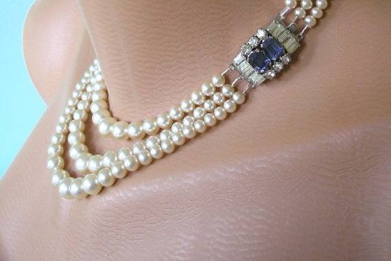 Fabulous vintage 3-strand pearl choker necklace with pale sapphire blue rhinestone box clasp by Crystalpearl on Etsy.