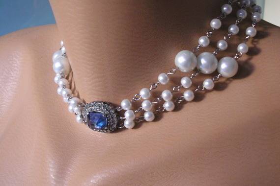 Handmade repurposed vintage pearl and sapphire rhinestone bridal choker necklace by Crystalpearl on Etsy.