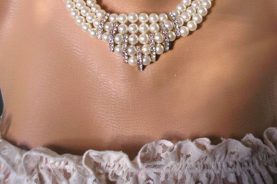 Stunning vintage 3-strand pearl and rhinestone bridal necklace by Crystalpearl on Etsy.