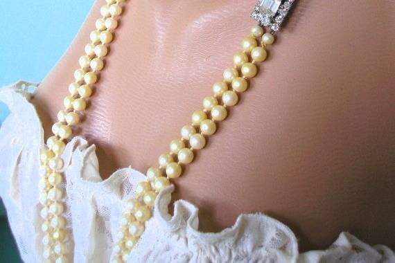 Gorgeous vintage Art Deco style double strand long pearl necklace with ornate rhinestone box clasp by Crystalpearl on Etsy.