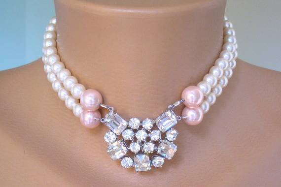Handmade repurposed vintage 2-strand pink and white pearl and rhinestone bridal choker necklace by Crystalpearl on Etsy.