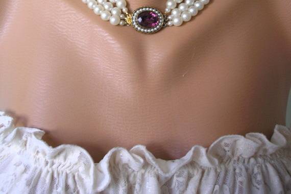Classic vintage 3-strand pearl choker necklace with ornate purple rhinestone and seed pearl box clasp by Crystalpearl on Etsy.