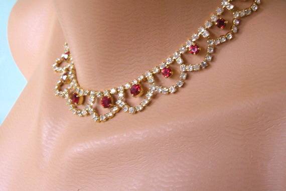Lovely little vintage red and white rhinestone and gold tone bridal choker necklace by Crystalpearl on Etsy.