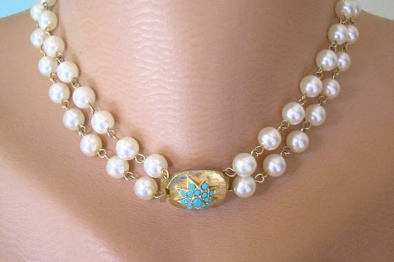 Handmade repurposed vintage 2-strand pearl bridal choker necklace with ornate turquoise and gold tone box clasp by Crystalpearl on Etsy.