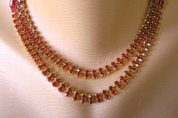 Vintage Art Deco style red rhinestone and gold tone bridal necklace by Crystalpearl on Etsy.