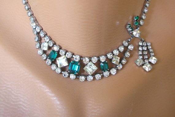 Unusual vintage white and emerald green rhinestone bridal choker necklace with tassle detail by Crystalpearl on Etsy.