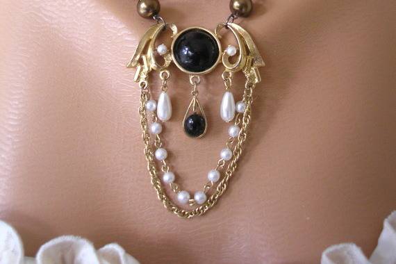 Handmade repurposed vintage glass bead, chain and pearl bridal necklace by Crystalpearl on Etsy. This piece is one of a kind and therefore unique.