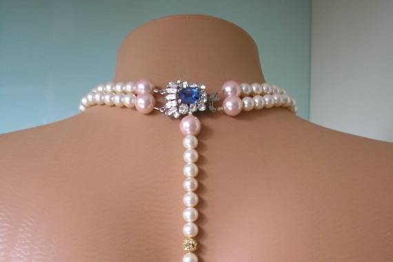 Custom handmade cream pearl bridal backdrop necklace with ornate turquoise and clear rhinestone box clasp detail.  This piece is customisable to your personal specifications by Crystalpearl on Etsy.
