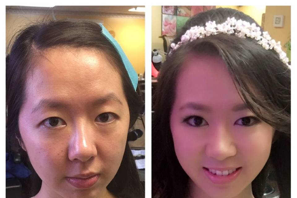 Before and after, full glam makeup