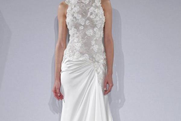 Mark Zunino MZBS1230
Chantilly lace over illusion drop waist bodice with gathered satin back crepe skirt - accented with ribbon embroidered and crystal hand beaded lace flower applique