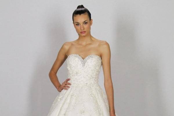 Dennis Basso 1144
Strapless A-line gown in organza and lace