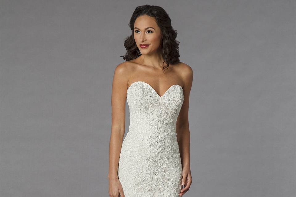 Danielle Caprese for Kleinfeld	Style	113068	<br>	Off White, beaded lace fit and flare