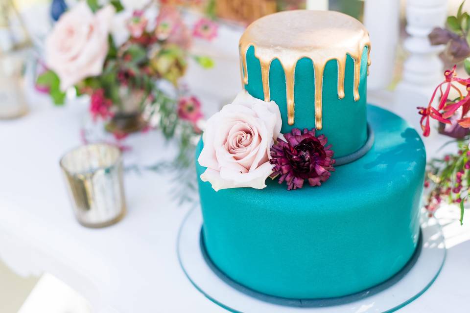 Teal Cake with Gold Drip