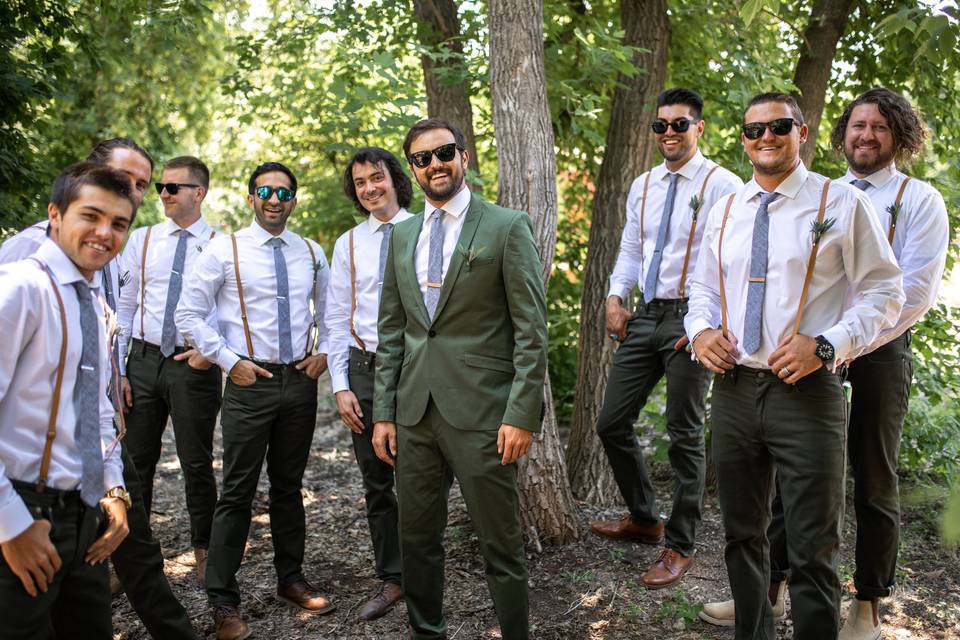 Groom and groomsmen smile