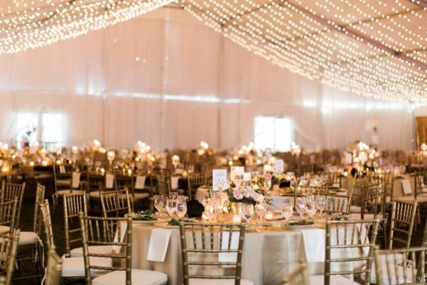 Reception hall with romantic lighting