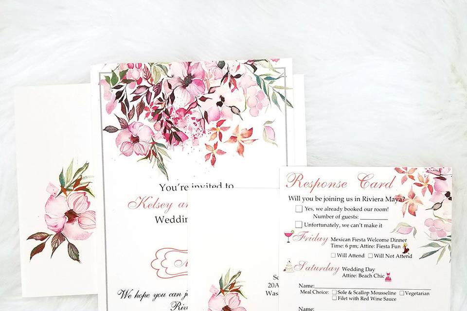Floral wedding invitation package (included the invite, RSVP card and custom addressed envelopes).