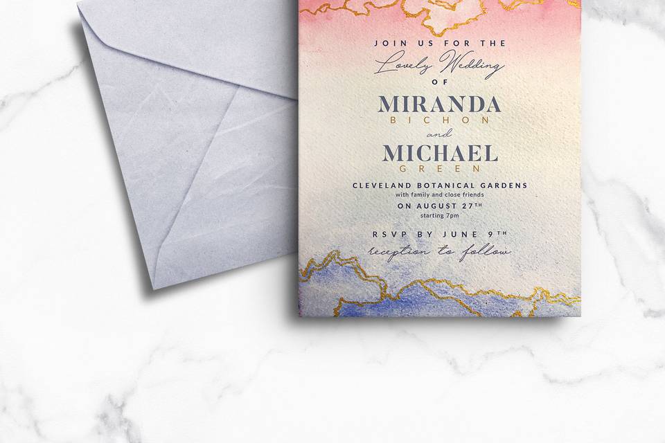 Watercolor and gold wedding invitation