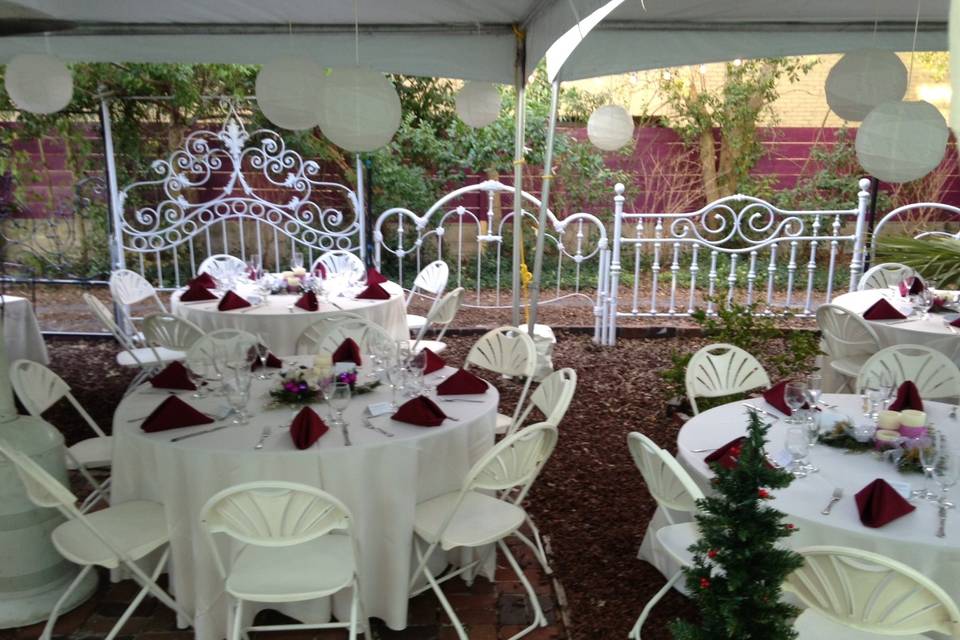 A view of the side garden ready for a wedding reception.
