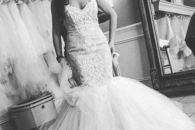 Black-and-white photo of bridal dress