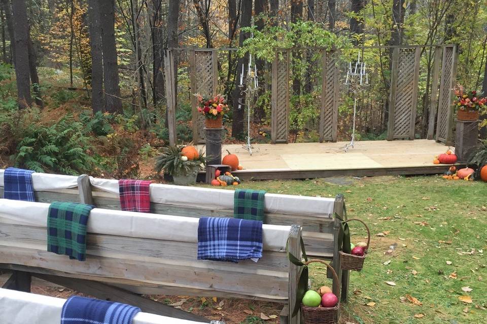 Benches with fruit as pew markers