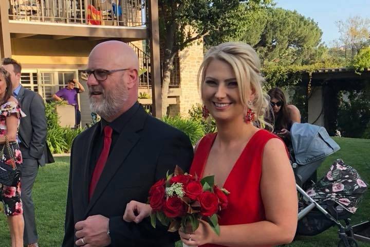 Our Rita Vineries red gown on Kimberly Bebo for her Bachelorette Rehearsal Dinner at the Westlake Village Inn 2018.