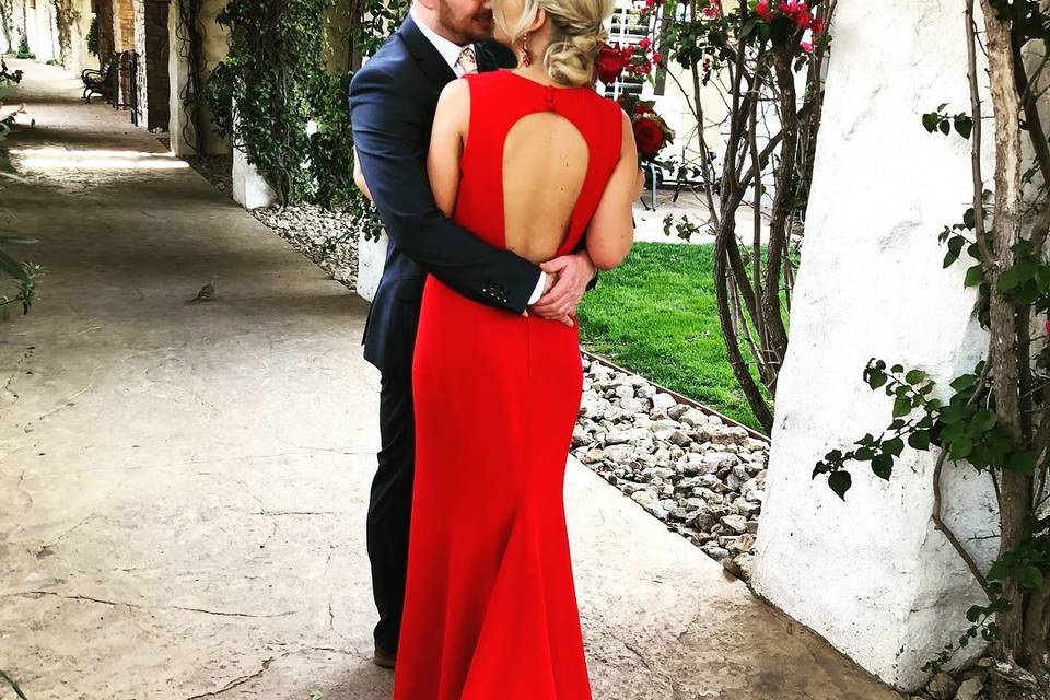 Our Rita Vineries red gown on Kimberly Bebo for her Bachelorette Rehearsal Dinner at the Westlake Village Inn 2018.