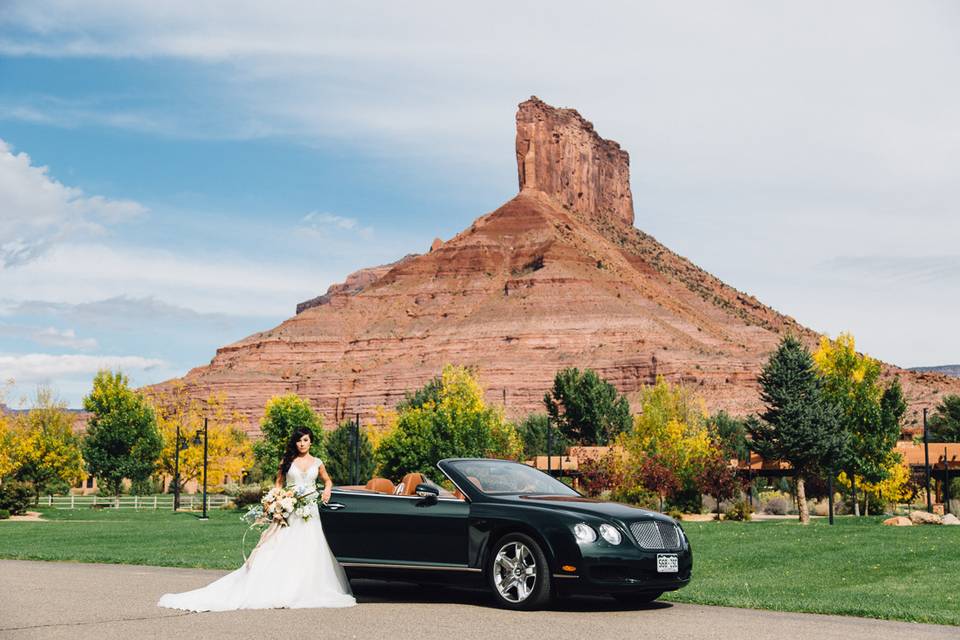 Bride with car