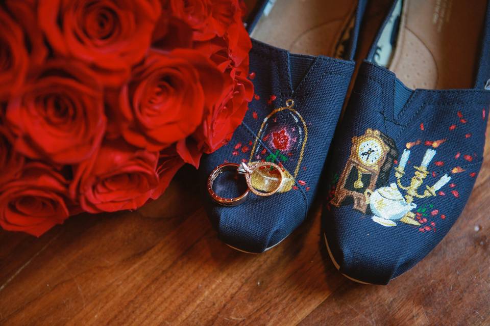 Shoes, rings, and flowers.