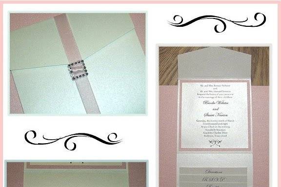 Metallic White & Pink Pocketfold Wedding Invitation with Rhinestone Buckle & Pink Ribbon.