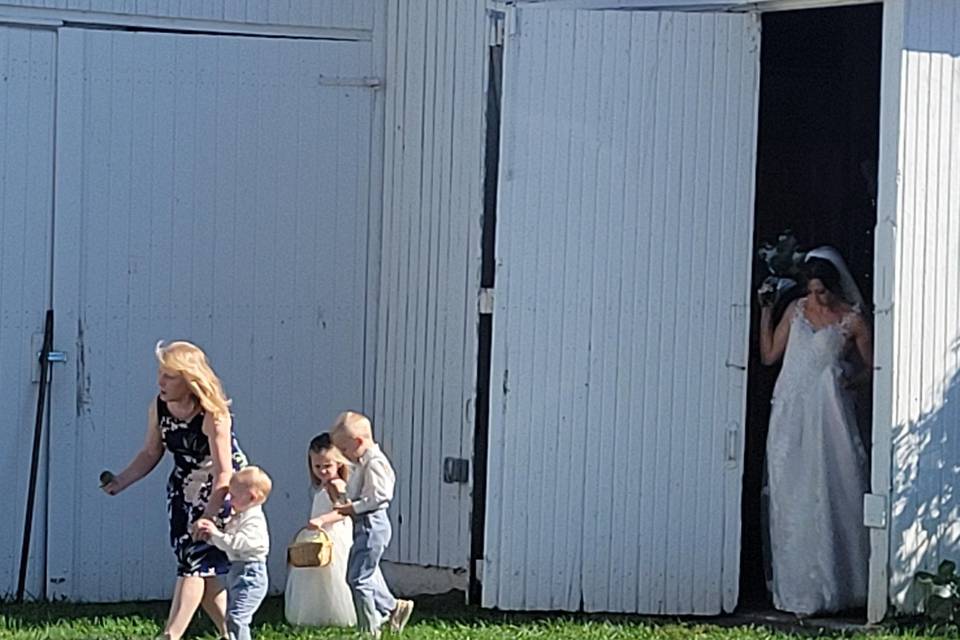 Walking out of the barn