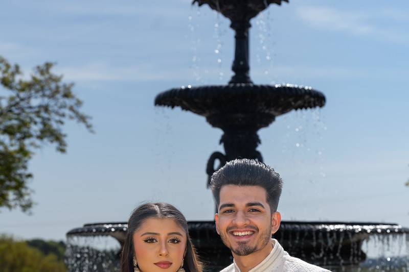 Mina and Shahzain — classic car wedding portrait