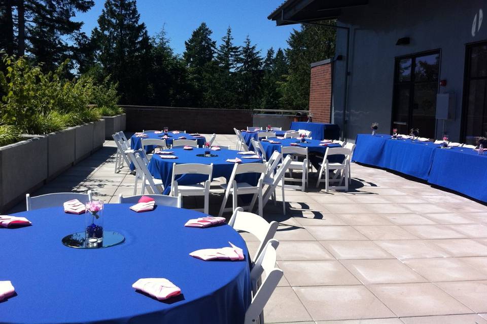 Salish rooftop reception, blue hues on table lien. Perfect for a hot summer day wedding.