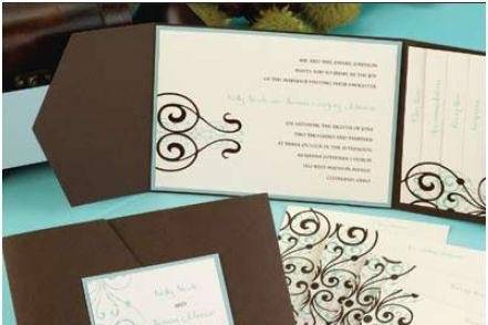 Chocolate LagoonThe colors of cool lagoon and rich chocolate come together making this pocket invitation absolutely delectable! Closed: 7 3/8